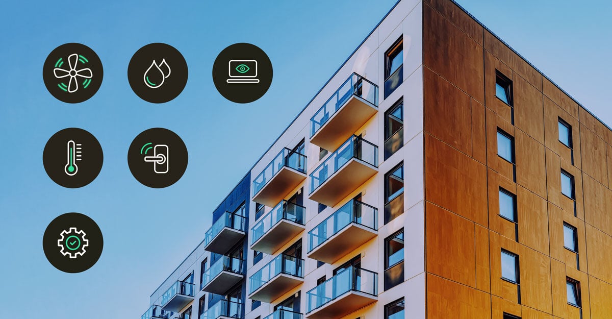 Illustration of a modern building management system enhanced with IoT sensors, showcasing real-time data collection and analysis for efficient energy use, improved maintenance, and optimized operations in commercial and residential buildings